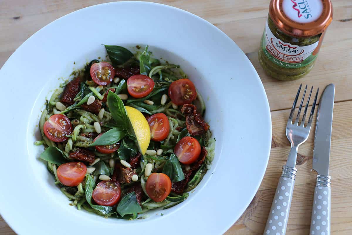 Gluten Free/Vegan Pesto and Sun-dried Tomato Courgetti Salad