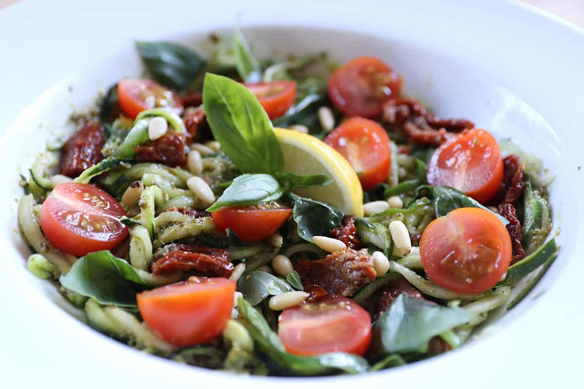 Gluten Free/Vegan Pesto and Sun-dried Tomato Courgetti Salad