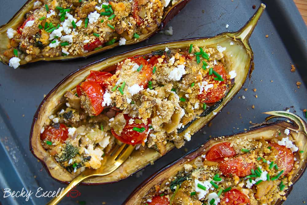 My Gluten Free Stuffed + Baked Aubergine Recipe (Vegan, low FODMAP)