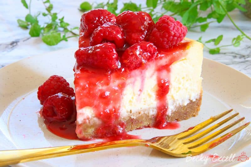 Gluten Free Baked New York Cheesecake Recipe with Raspberry Topping