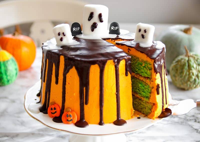 Gluten Free Halloween Drip Cake Recipe with Marshmallow Ghosts (dairy free + low FODMAP)