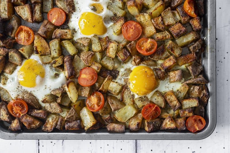 My Baked Egg and Tomato Hash Traybake Recipe (dairy free, low FODMAP)