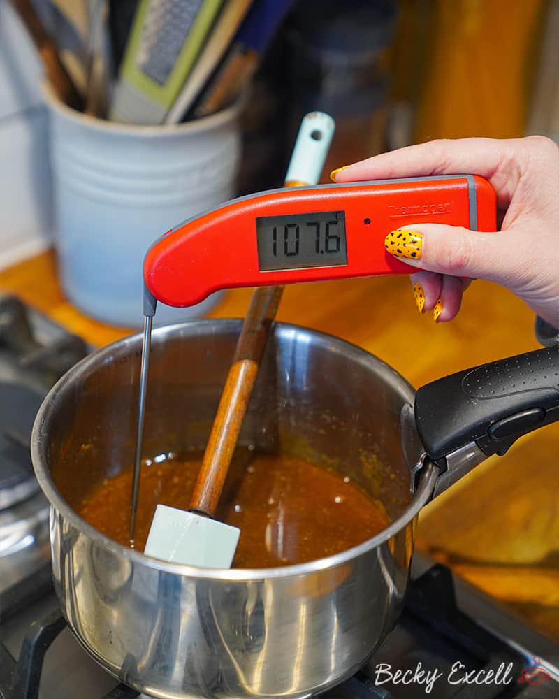 Making the toffee sauce using Thermapen at 107 degrees C