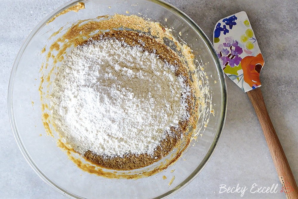 Add gluten-free flour, baking powder and xanthan gum