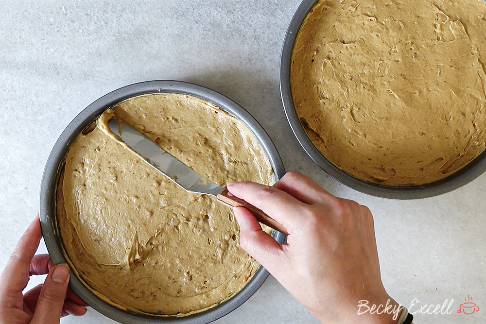 Divide your cake batter evenly between two 20cm round baking tins