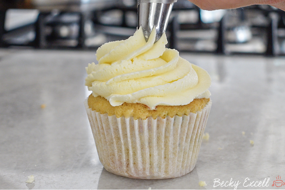 Simply pipe your buttercream onto your cooled cupcakes and enjoy! Repeat for the rest of your cupcakes.