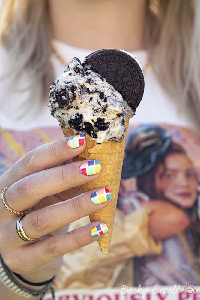 Gluten-free Oreo Ice Cream Recipe in a gluten-free waffle cone