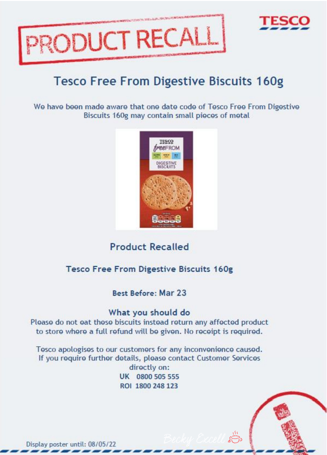 PRODUCT RECALL: Tesco Free From Digestive Biscuits 2022