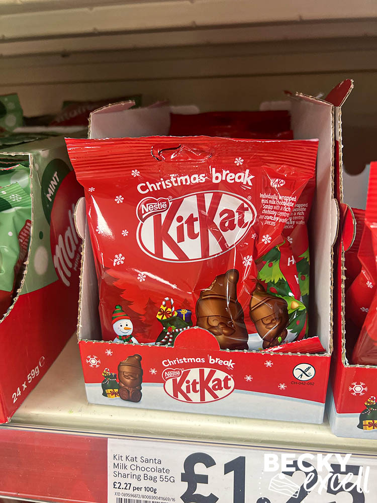 Gluten-free Christmas chocolates guide in UK supermarkets for 2023: KitKat Festive friends chocolate santa sharing bag
