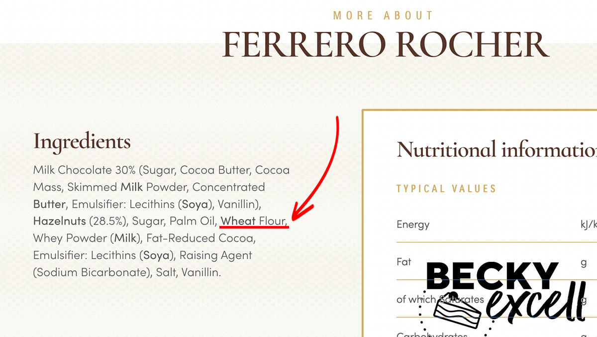Are Ferrero Rocher gluten-free? The ingredients list showing wheat flour is present in the product.