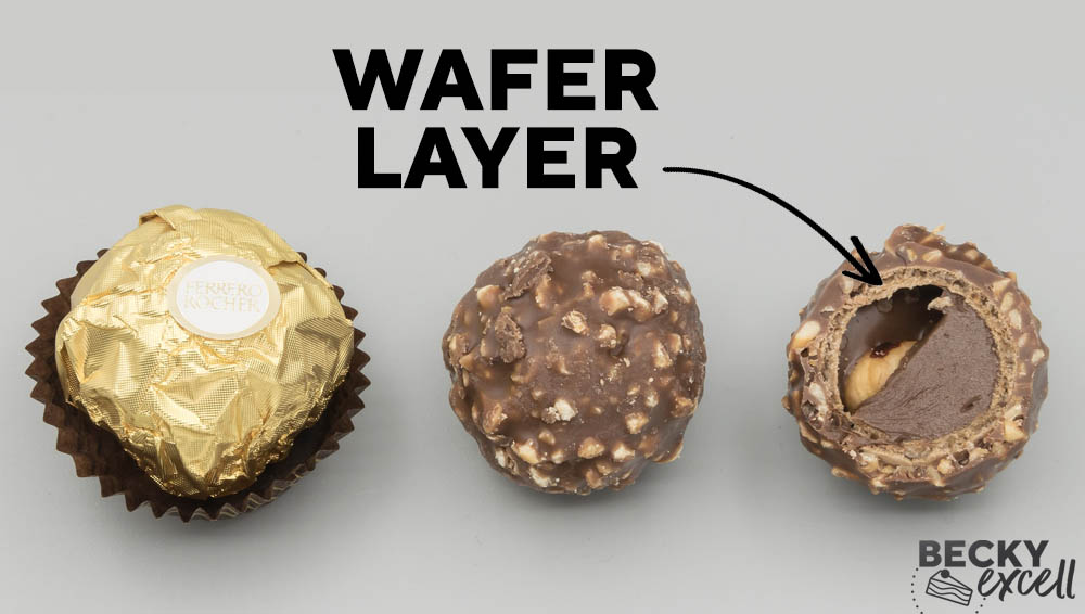 Are Ferrero Rocher gluten-free? A cross-section photograph showing the inside layers, including the gluten-containing wafer layer