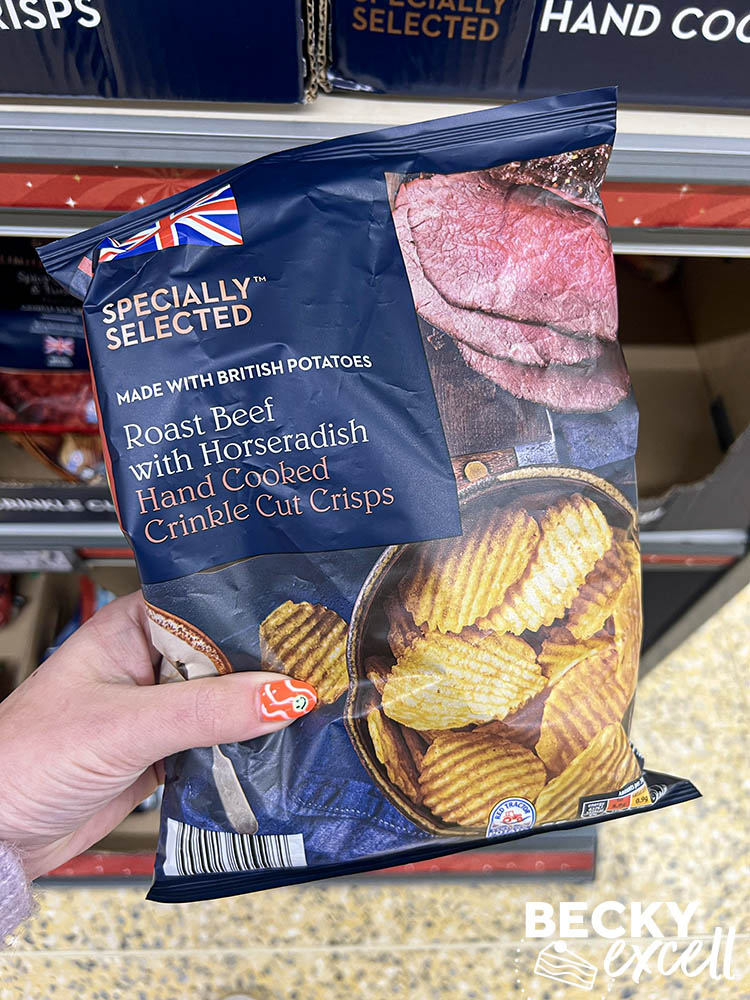 Aldi's gluten-free Christmas products 2023: roast beef with horseradish hand cooked crinkle cut crisps