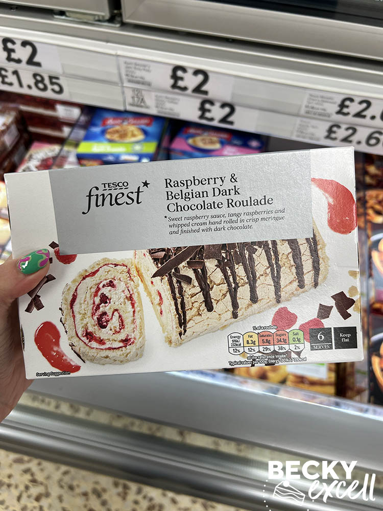 Tesco Finest Raspberry Belgian Dark chocolate roulade 2024 Gluten-free Supermarket Christmas Desserts Guide 2024