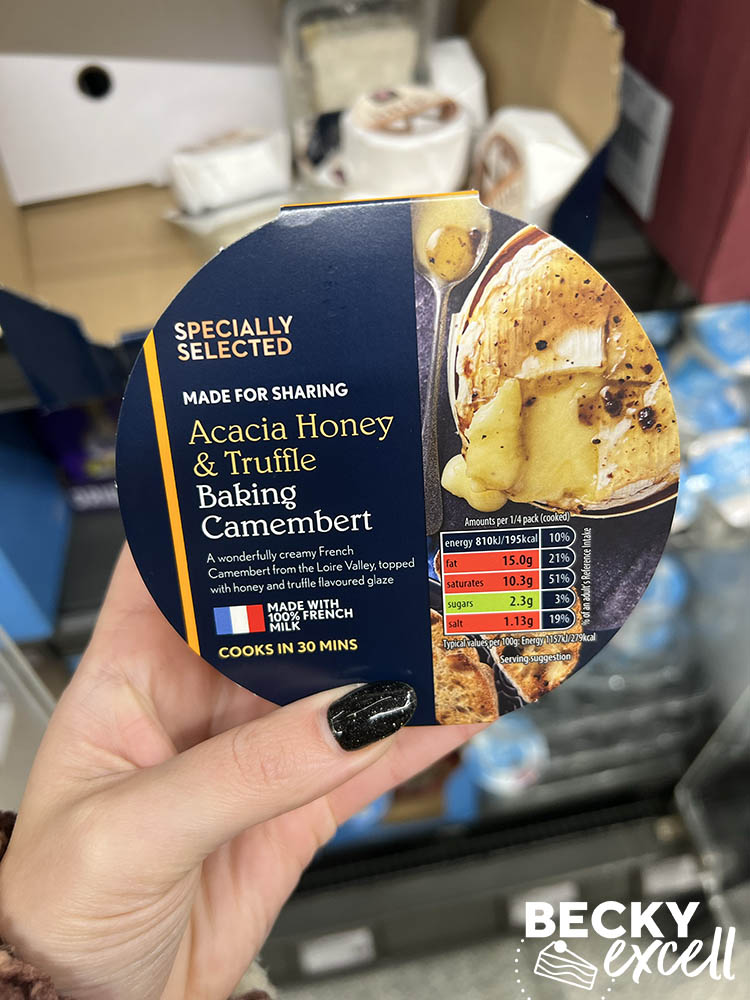 Specially selected made for sharing acacia honey and truffle baking camembert Aldi's gluten-free Christmas products 2024