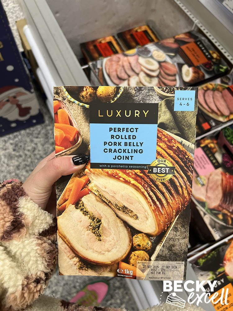 Luxury perfect rolled pork belly crackling joint Iceland's gluten-free Christmas products 2024