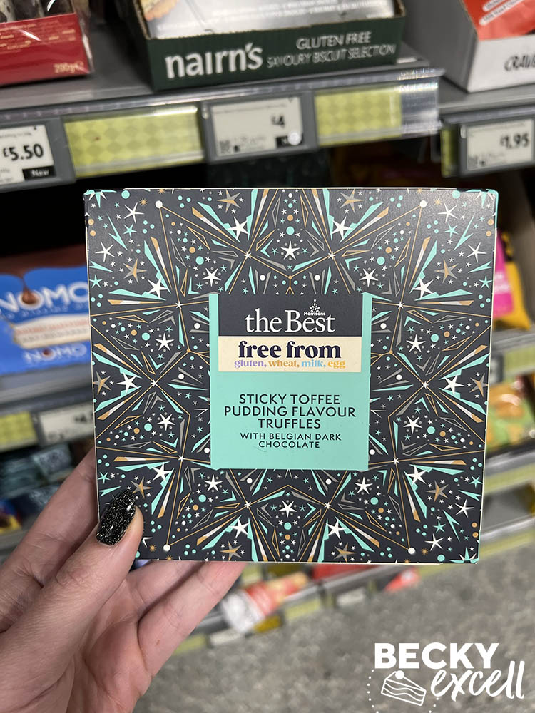 morrisons the best free from gluten, wheat, milk, egg sticky toffee pudding flavour truffles with belgian dark chocolate