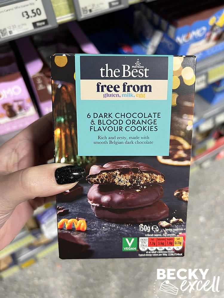 Morrisons the best free from gluten, milk, egg 6 dark chocolate and blood orange flavour cookies