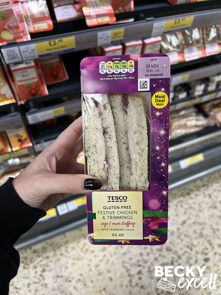 tesco gluten-free festive chicken and trimmings sage and onion stuffing with cranberry sauce sandwich