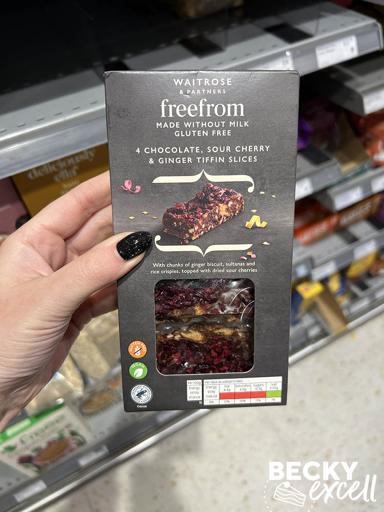 waitrose and partners freefrom made without milk gluten-free 4 chocolate, sour cherry and ginger tiffin slices