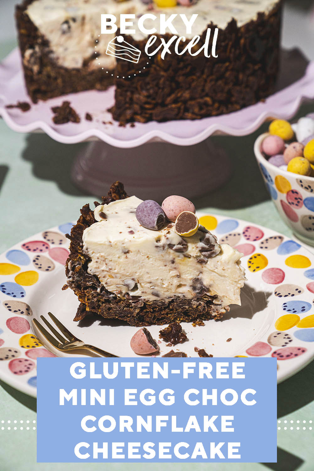 Pinterest Image for my gluten-free chocolate cornflake mini egg cheesecake recipe
