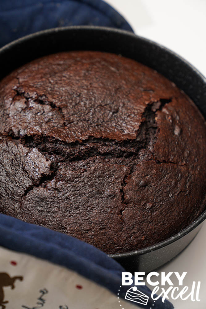 The gluten-free chocolate stout cake after being removed from the oven and before cooling