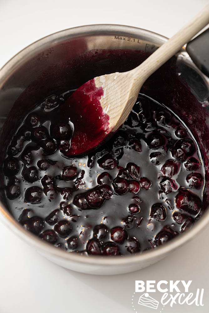 The finished blueberry topping in a saucepan ready to be spread on top of the fully chilled baked cheesecake