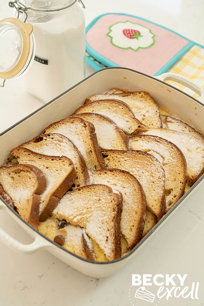 The bread and butter pudding after baking with caster sugar added, ready for the grill