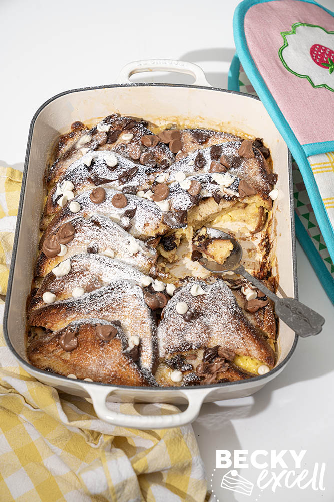 Gluten-free bread and butter pudding with a golden caramelised top