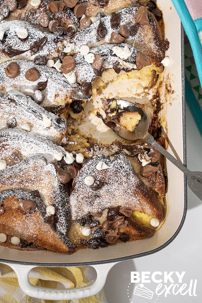 Gluten-free bread and butter pudding with one serving removed
