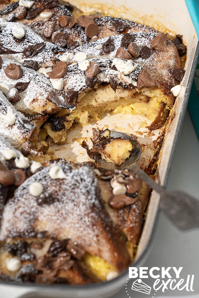 Golden gluten-free bread and butter pudding with caramelised sugar on top