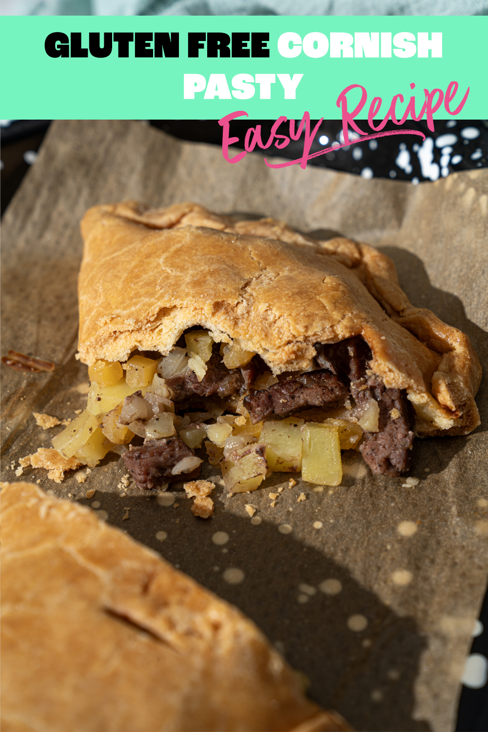 Gluten-free Cornish pasty recipe Pinterest pin with a close-up of the sliced pasty filling