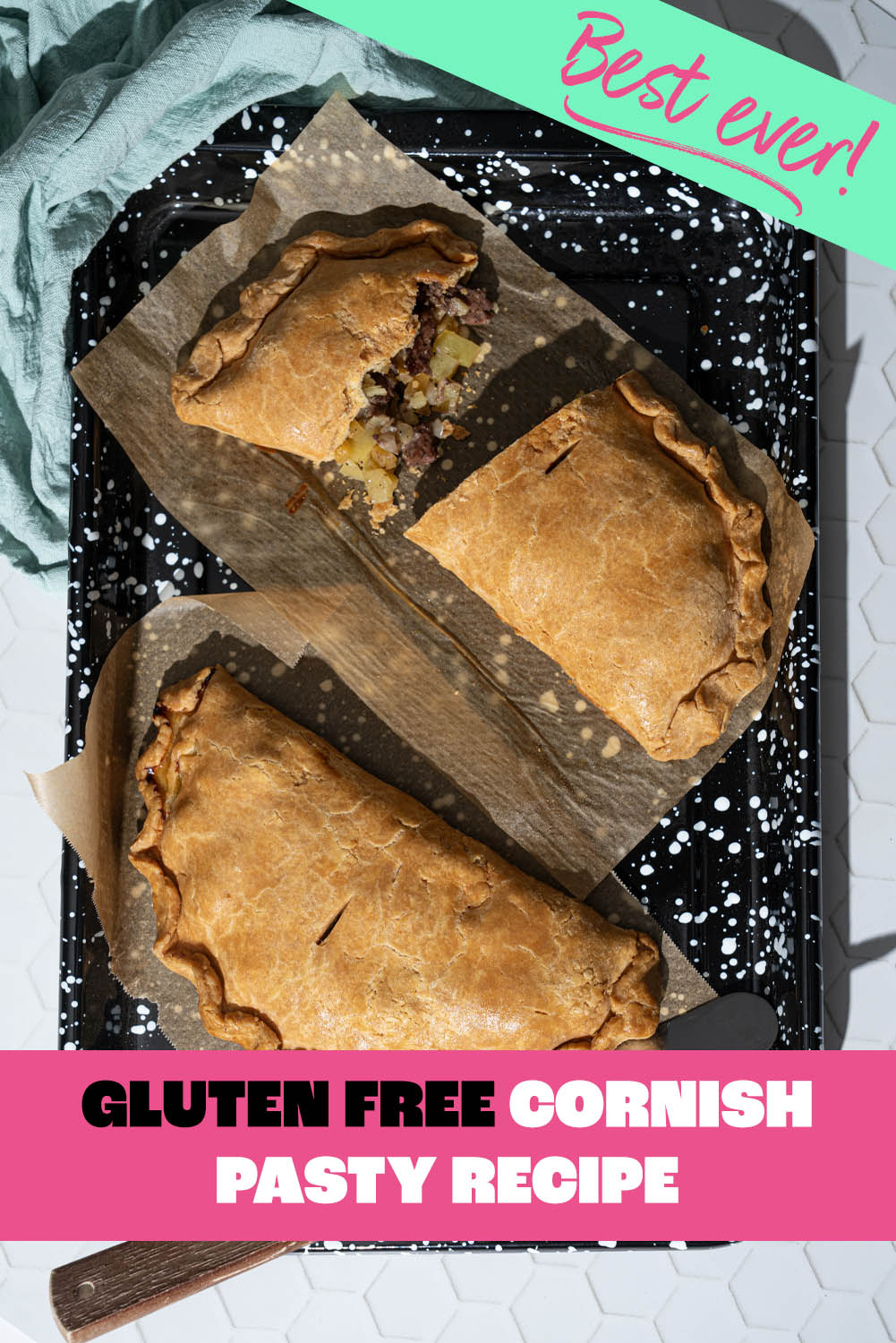 Gluten-free Cornish pasty recipe Pinterest pin showing golden beef and vegetable pasties