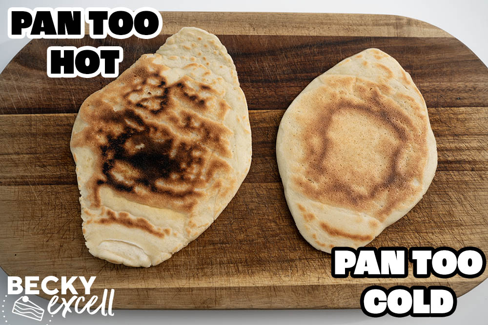 Flatbread pan-temperature comparison: burnt black patches from a pan that was too hot on the left, and a broad brown ring from a pan that was too cool on the right