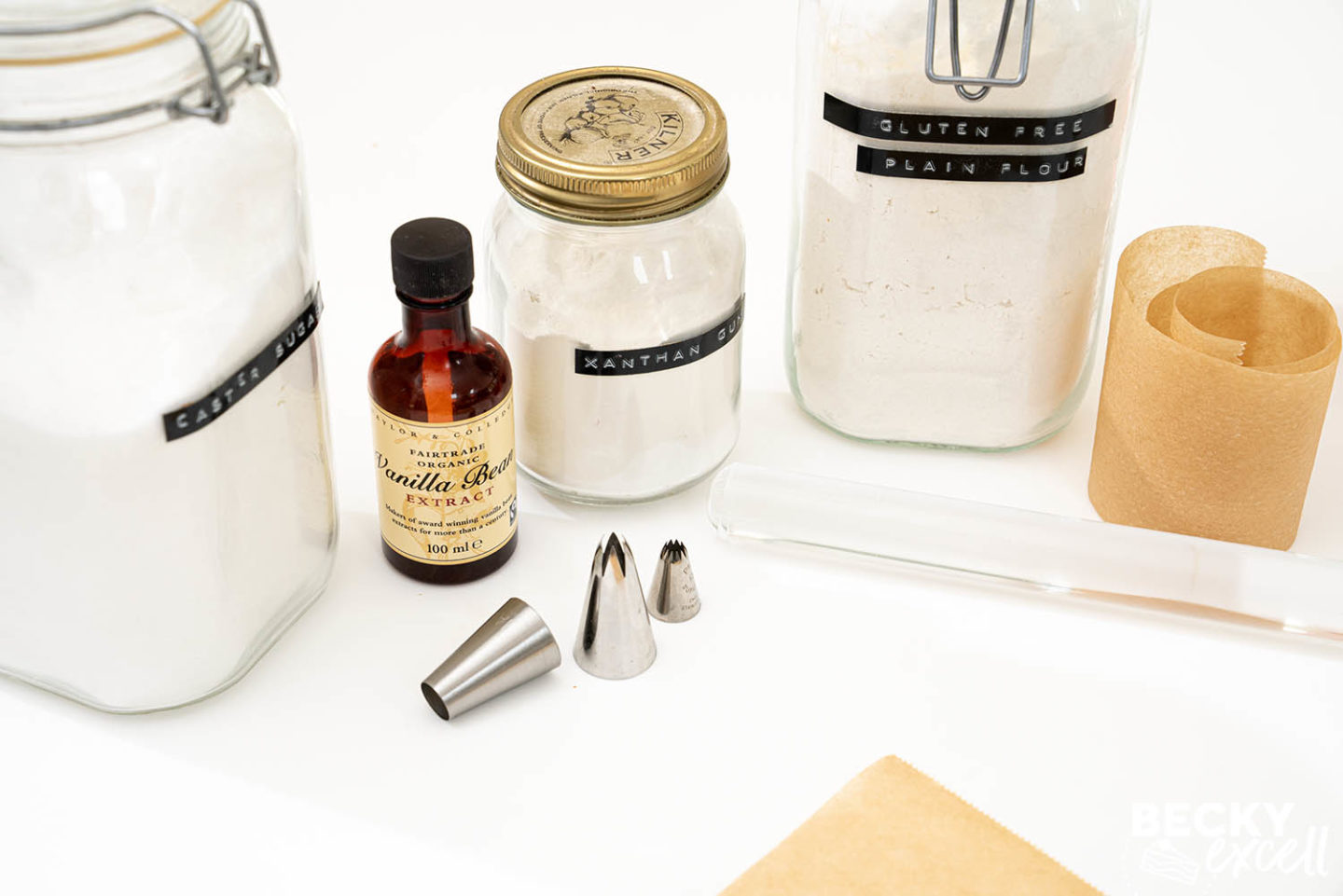 some of the ingredients you'll need for the gluten-free vanilla biscuits used as the base for the icing