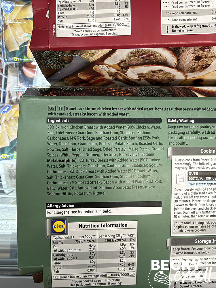Lidl Braemoor 3 Bird Roast with Pork, Sage & Roasted Garlic Stuffing - ingredients on the photographed pack