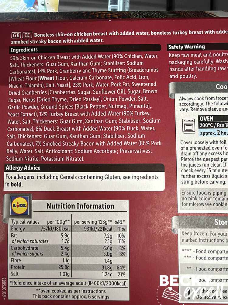 Not gluten-free: Lidl Braemoor 3 Bird Roast with Pork, Cranberry & Thyme Stuffing - wheat flour in ingredients